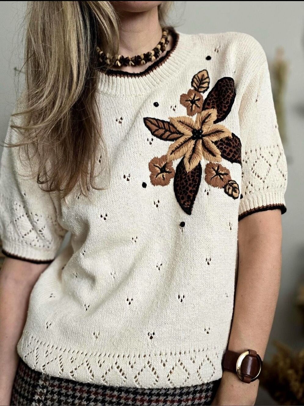 Vintage Cricket Lane short sleeve silk sweater with appliqué and embroidery as M